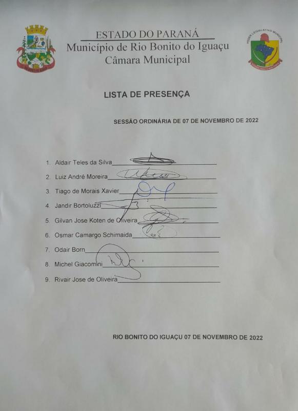 Lista de Presença dos vereadores 07 de novembro de 2022 
